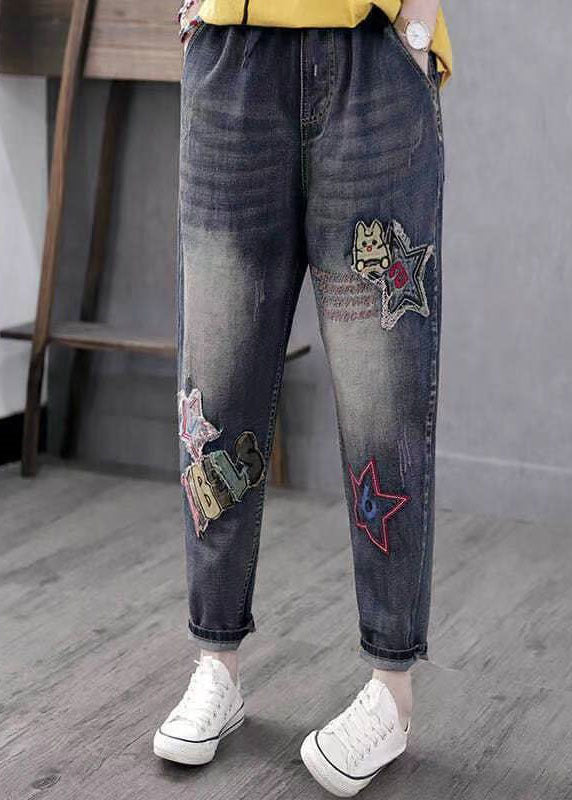 Boho Blue Embroideried Pockets Patchwork High Waist Denim Pants