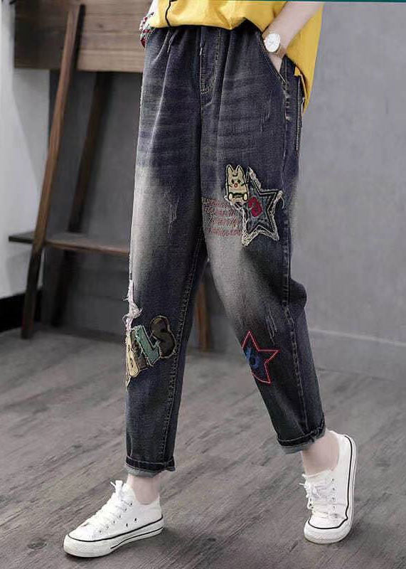 Boho Blue Embroideried Pockets Patchwork High Waist Denim Pants