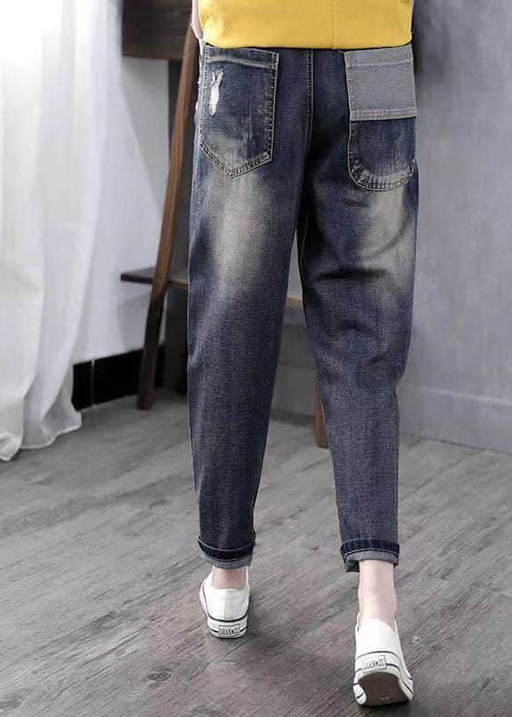 Boho Blue Embroideried Pockets Patchwork High Waist Denim Pants