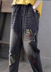 Boho Blue Embroideried Pockets Patchwork High Waist Denim Pants