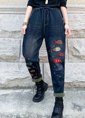 Boho Blue Embroideried elastic waist denim Pants Winter