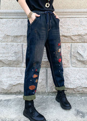 Boho Blue Embroideried elastic waist denim Pants Winter