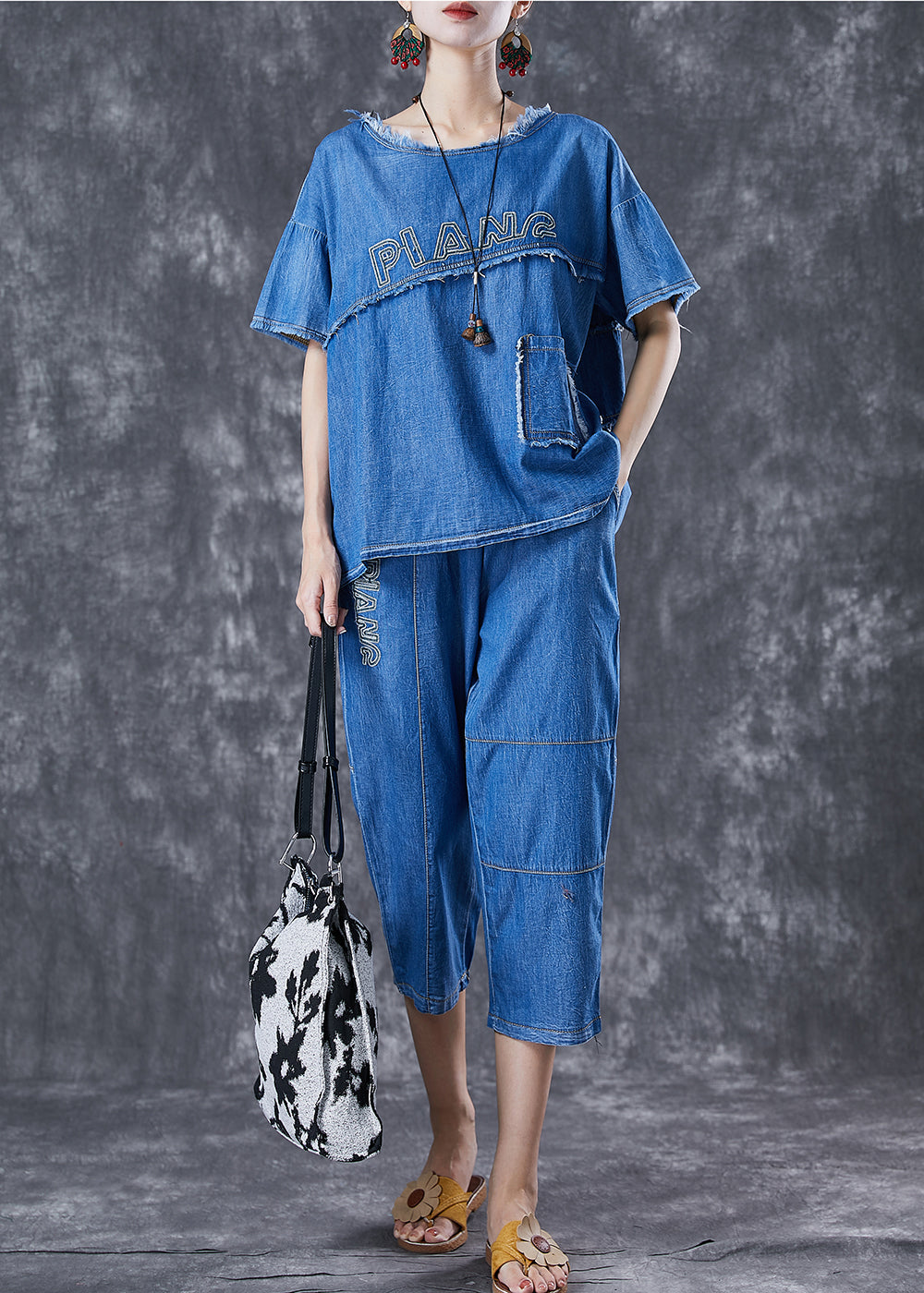 Boho Blue Letter Embroideried Patchwork Denim Two Pieces Set