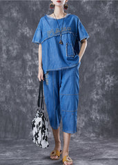 Boho Blaues Patchwork Denim Zweiteiler Set mit bestickten Buchstaben