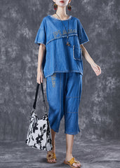 Boho Blaues Patchwork Denim Zweiteiler Set mit bestickten Buchstaben