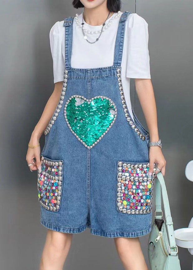 Boho Blue Nail Bead Sequins Patchwork Denim Jumpsuit Shorts