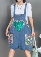 Boho Blaue Nagelperlen Pailletten Patchwork Denim Jumpsuit Shorts