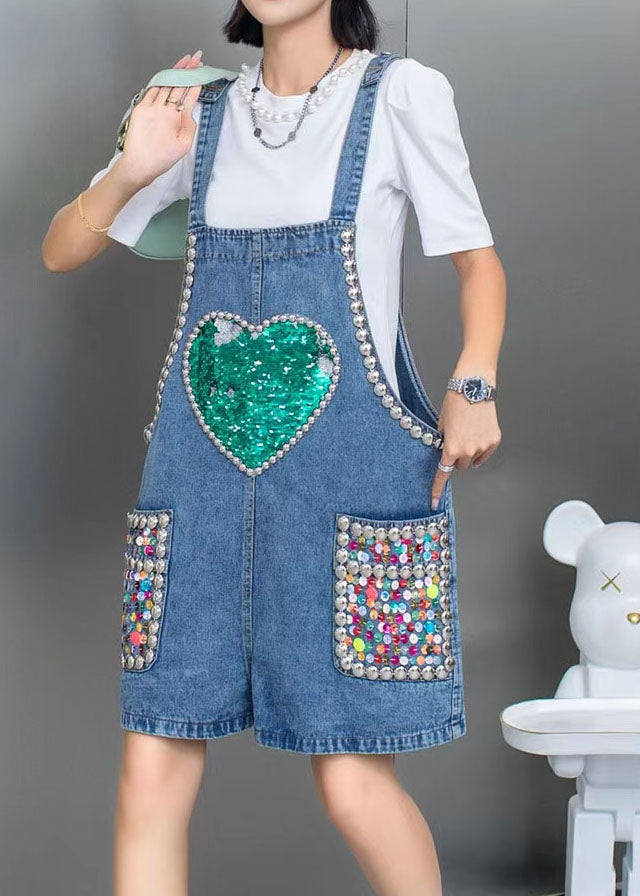 Boho Blaue Nagelperlen Pailletten Patchwork Denim Jumpsuit Shorts