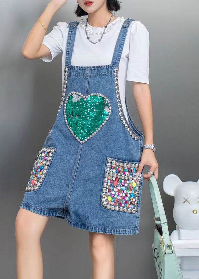 Boho Blaue Nagelperlen Pailletten Patchwork Denim Jumpsuit Shorts