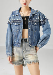 Boho Blue Oversized Patchwork Nail Bead Denim Coats