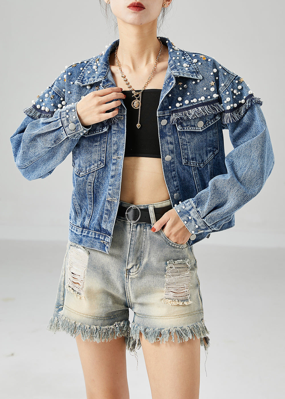 Boho Blue Oversized Patchwork Nail Bead Denim Coats