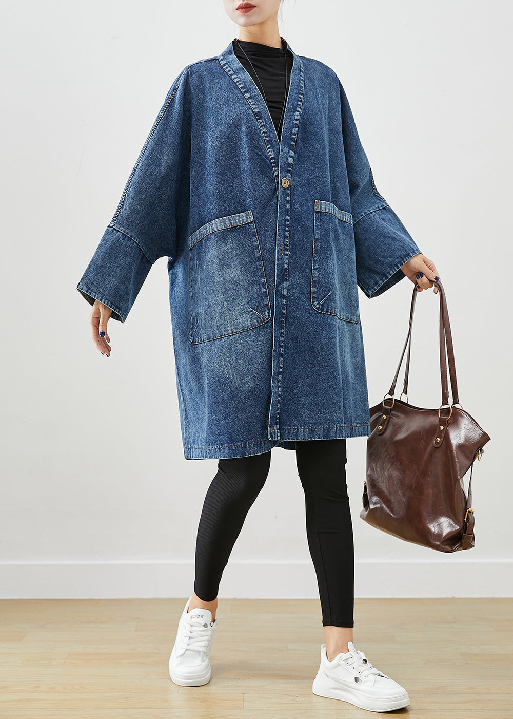 Boho Blau Übergroße Taschen Denim Trenchcoats Fledermausärmel