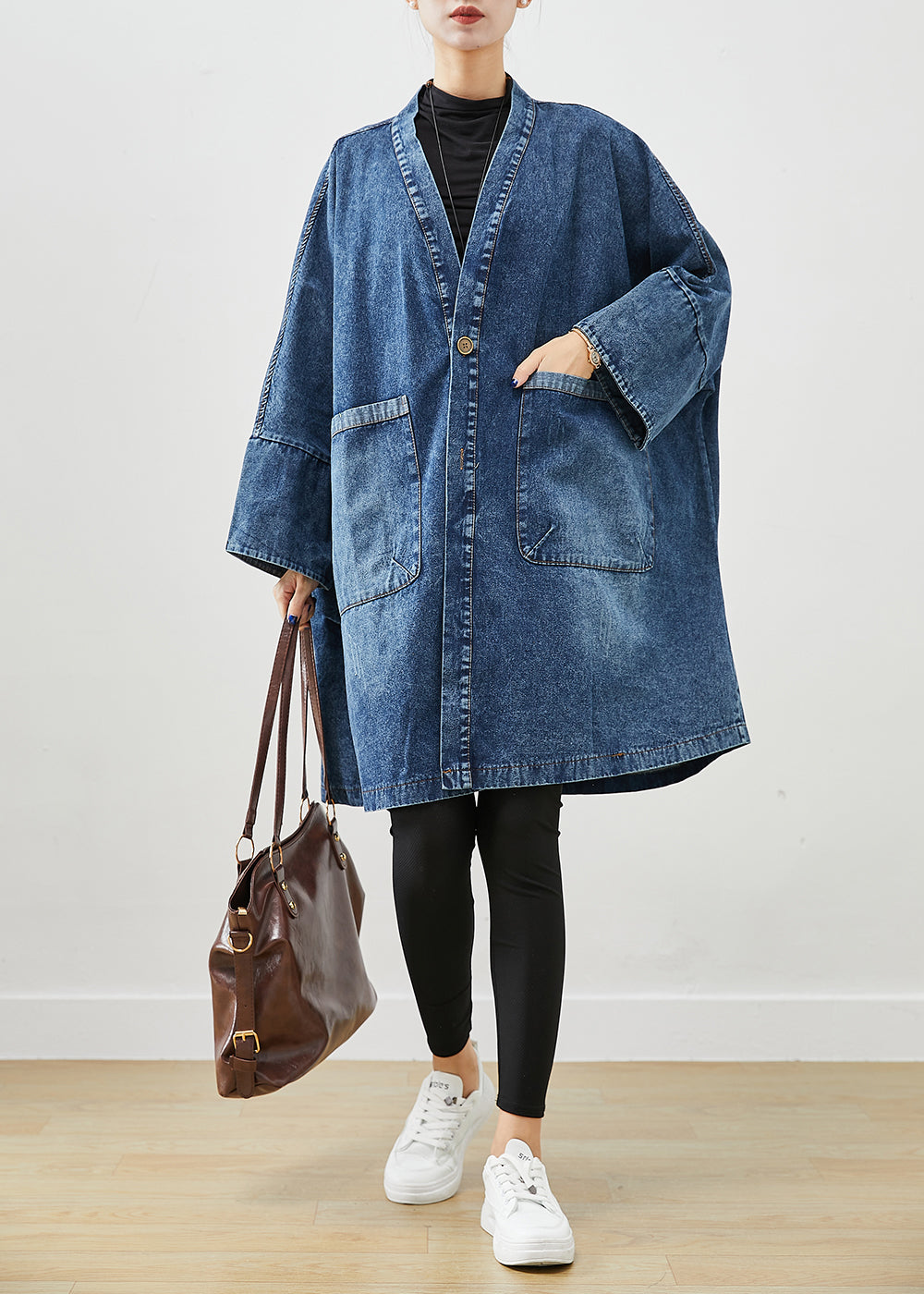 Boho Blau Übergroße Taschen Denim Trenchcoats Fledermausärmel