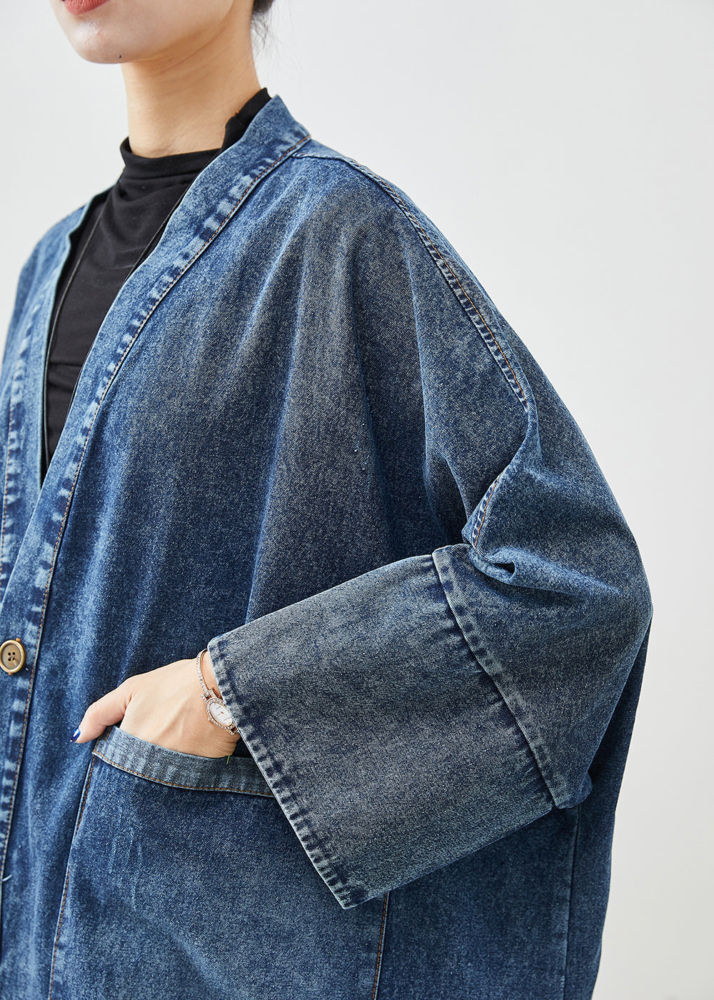 Boho Blau Übergroße Taschen Denim Trenchcoats Fledermausärmel