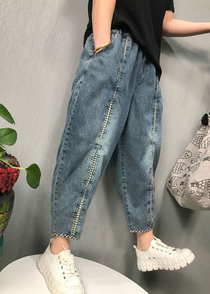 Boho Blue Plaid Patchwork denim Pants