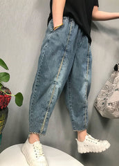 Boho Blue Plaid Patchwork denim Pants