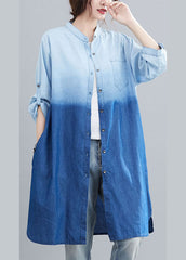 Boho Blau Taschen Knopf Farbverlauf Herbst Denim Trenchcoat Langarm