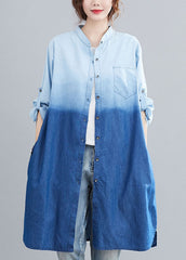 Boho Blau Taschen Knopf Farbverlauf Herbst Denim Trenchcoat Langarm