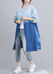 Boho Blau Taschen Knopf Farbverlauf Herbst Denim Trenchcoat Langarm
