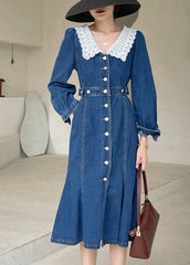 Boho Dark Blue slim fit Button denim Dress