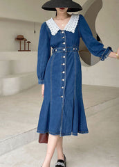 Boho Dark Blue slim fit Button denim Dress