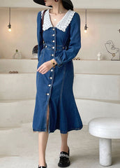 Boho Dark Blue slim fit Button denim Dress