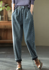 Boho Denim Blue Elastic Waist Pockets Thick Warm Fleece Harem Pants Winter