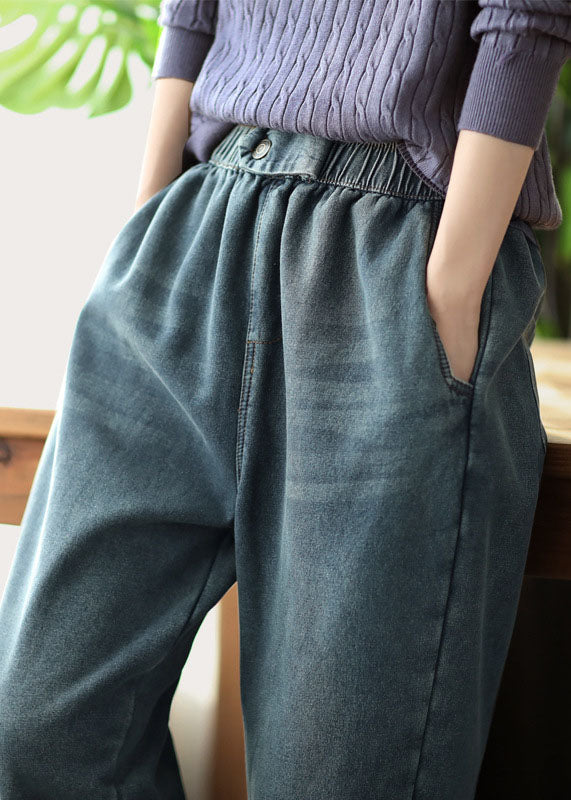 Pantalones harén de forro polar grueso y cálido con bolsillos y cintura elástica azul de mezclilla estilo bohemio para invierno