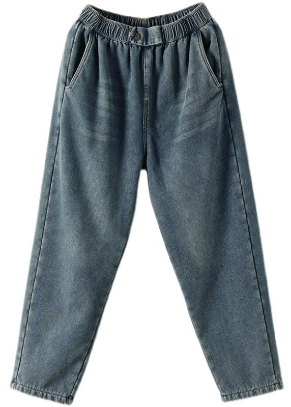 Pantalones harén de forro polar grueso y cálido con bolsillos y cintura elástica azul de mezclilla estilo bohemio para invierno