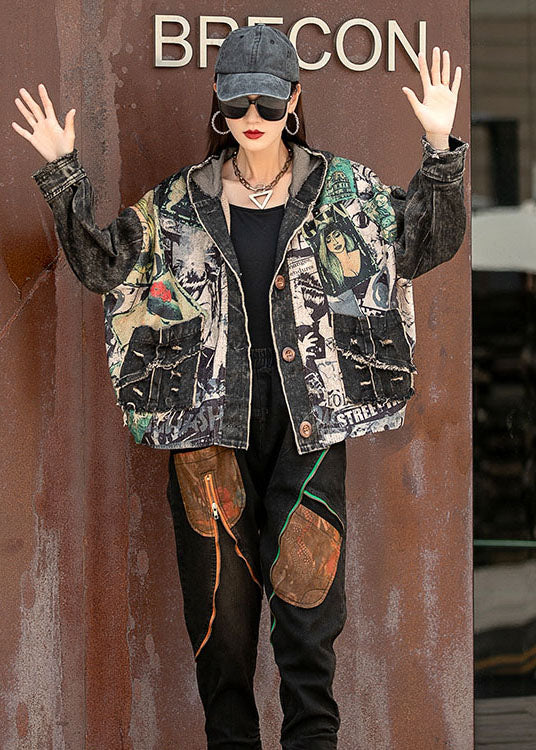 Chaqueta de otoño de manga larga con bolsillos y estampado de patchwork de mezclilla estilo bohemio