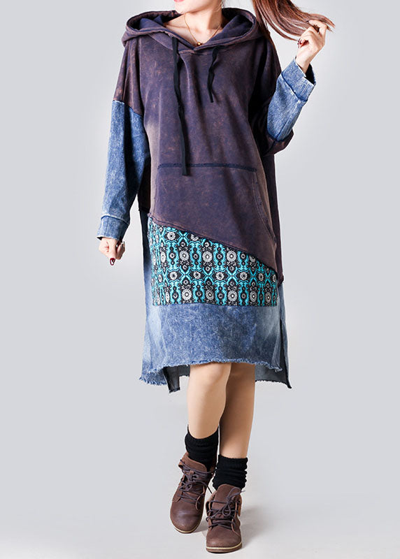 Boho Lila Kapuzen-Jeans-Patchwork-Baumwollkleid