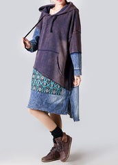 Boho Lila Kapuzen-Jeans-Patchwork-Baumwollkleid