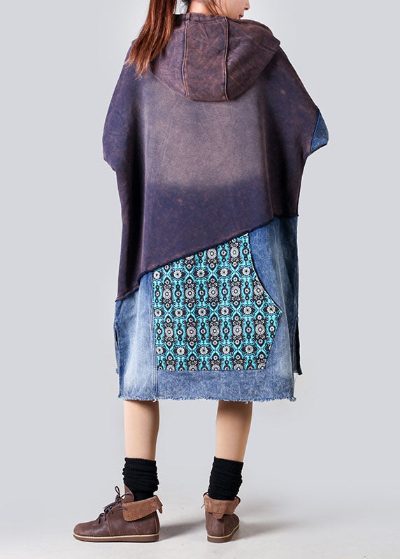 Boho Purple Hooded Denim Patchwork Cotton Dress