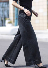 Boutique Black Pockets Draping Cotton Denim Straight Pants