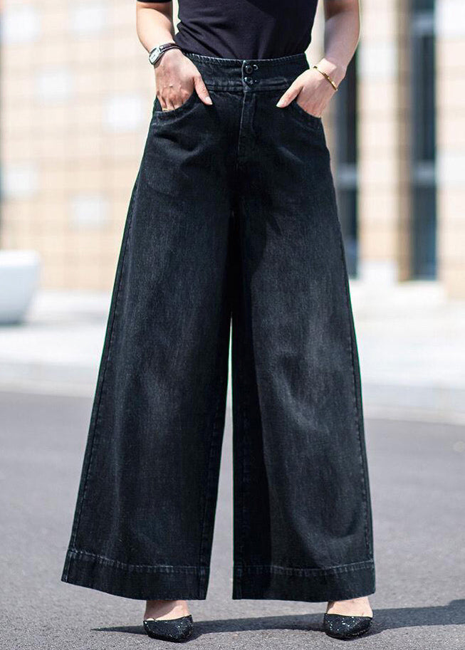 Boutique Black Pockets Draping Cotton Denim Straight Pants