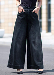 Boutique Black Pockets Draping Cotton Denim Straight Pants