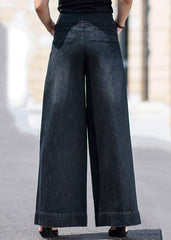 Boutique Black Pockets Draping Cotton Denim Straight Pants