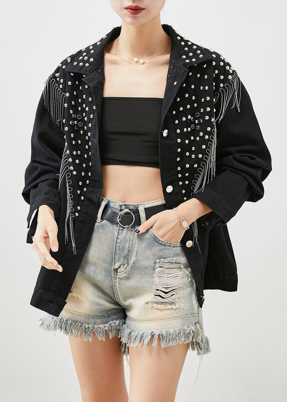 Boutique Black Tasseled Rivet Denim Jackets Fall