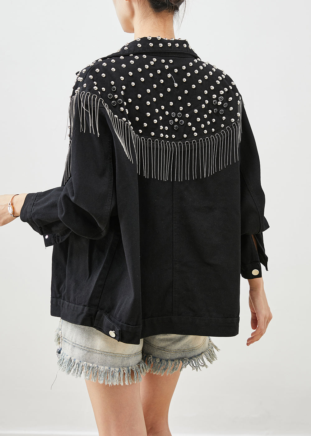 Boutique Black Tasseled Rivet Denim Jackets Fall