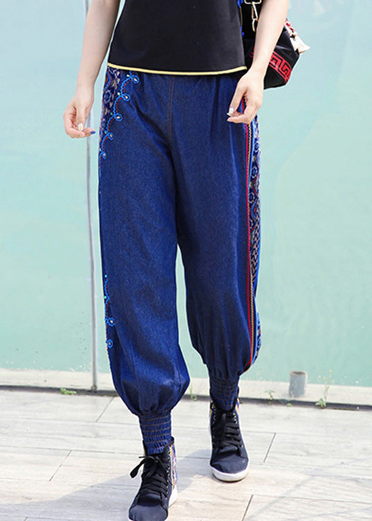 Boutique Blue Embroideried Elastic Waist Cotton Denim Harem Pants