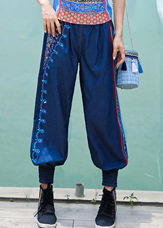 Boutique Blue Embroideried Elastic Waist Cotton Denim Harem Pants