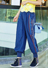 Boutique Blue Embroideried Elastic Waist Cotton Denim Harem Pants