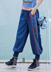 Boutique Blue Embroideried Elastic Waist Cotton Denim Harem Pants