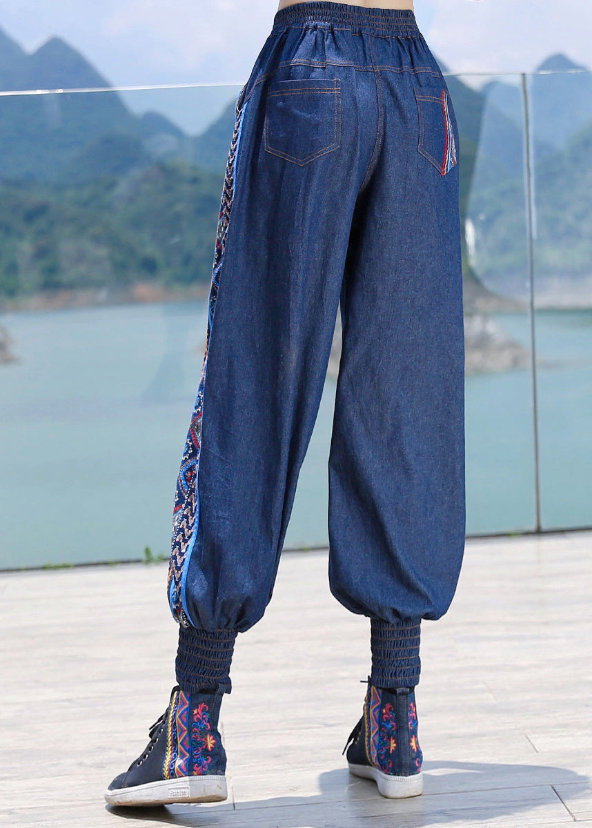 Pantalones harén de mezclilla de algodón con cintura elástica y bordado azul boutique