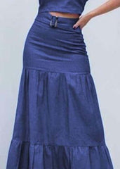 Boutique Blue High Waist Patchwork Wrinkled Denim Skirt