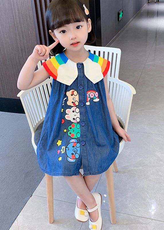 Vestido vaquero azul de media pierna con cuello Peter Pan y estampado animal para niños con botones