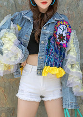 Boutique Blue Ruffled Pockets Floral Decorated Patchwork Denim Short Coat