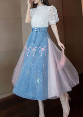 Faldas vaqueras bordadas con patchwork de tul arrugado azul de Boutique