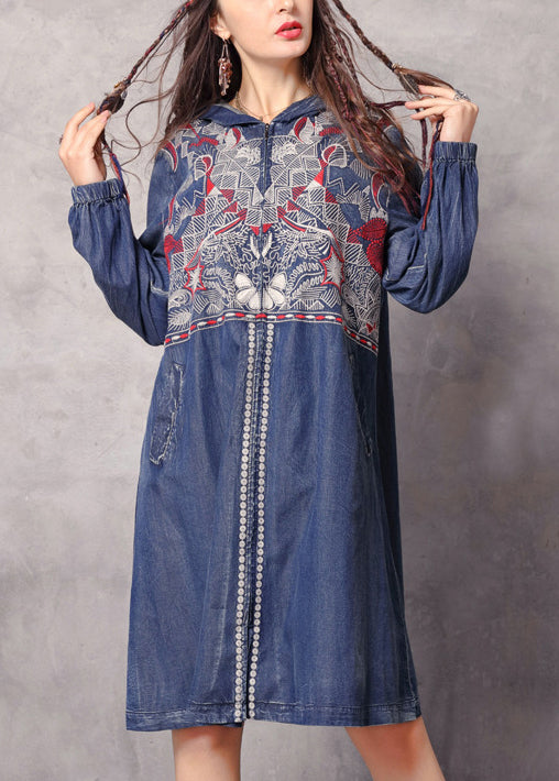 Boutique Blue zippered Hooded Embroideried Pockets Denim trench coats