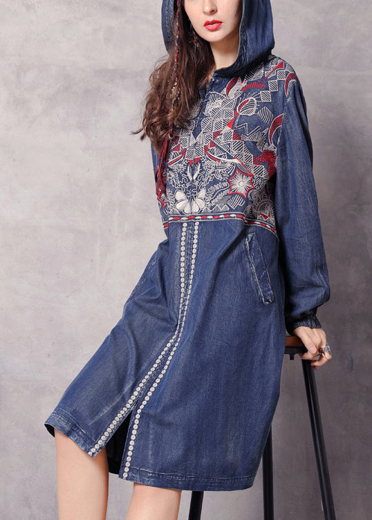 Boutique Blue zippered Hooded Embroideried Pockets Denim trench coats